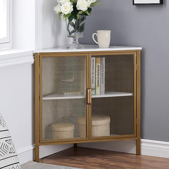VECELO Corner Cabinet Table with 3-Tier Shelf, Freestanding Storage Organizer for Small Space in Living Room/Bedroom/Kitchen, Two Doors, Gold