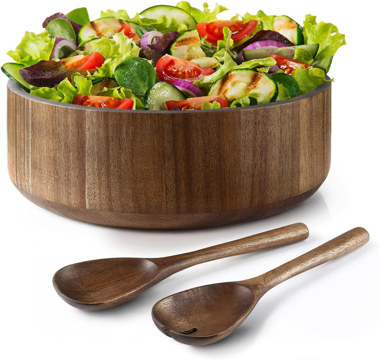 Wooden Salad Bowl, Acacia Walnut Wood Salad Bowl Set, 12 * 4.3 inch Large Natural Wooden with Fork and Spoon,Premium Eco-Friendly 346oz /10.8qt for Kitchen,Dining,Serving & Mixing Food
