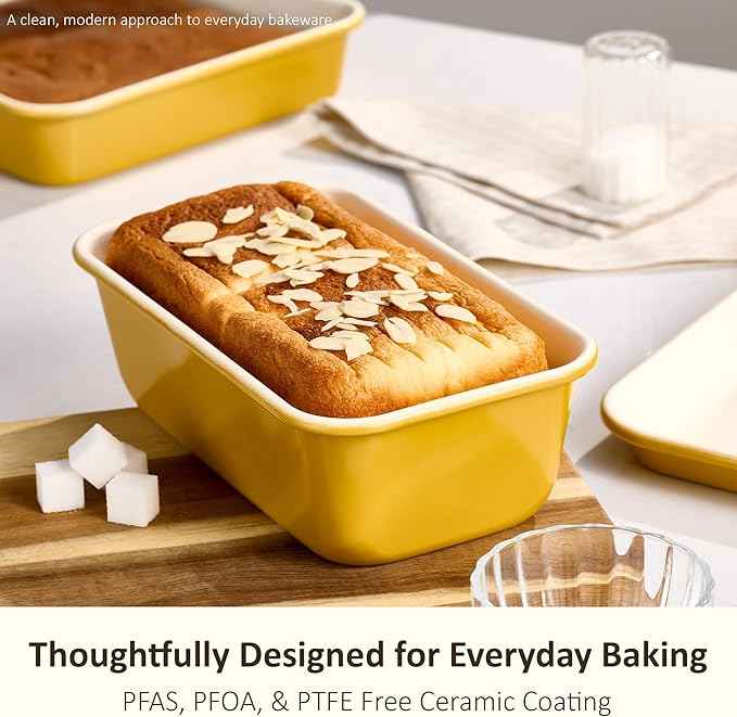 CAROTE 6-Piece Nonstick Ceramic Baking Pans Set - Bakeware Sets Including Cookie Sheets for Baking, Muffin Pan, Bread Pan, Cake pan, Loaf Pan, Cooling Rack, Mustard Yellow & Cream White