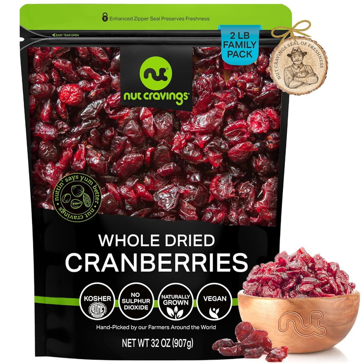 NUT CRAVINGS - Sun Dried Whole Cranberries, Lightly Sweetened (32oz, 2 LB) Bulk Dry Fruits Packed Fresh in Resealable Bag - Sweet Healthy Snack, Naturally Grown, Vegan, Kosher