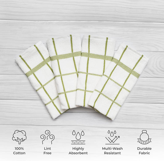 100% Cotton Terry Dish Towels, 4 Pack Checks, 16 x26 Inches, Super Soft and Absorbent Kitchen Towels, Perfect for Kitchen Cleaning and Dish Washing | Green - Nestoria