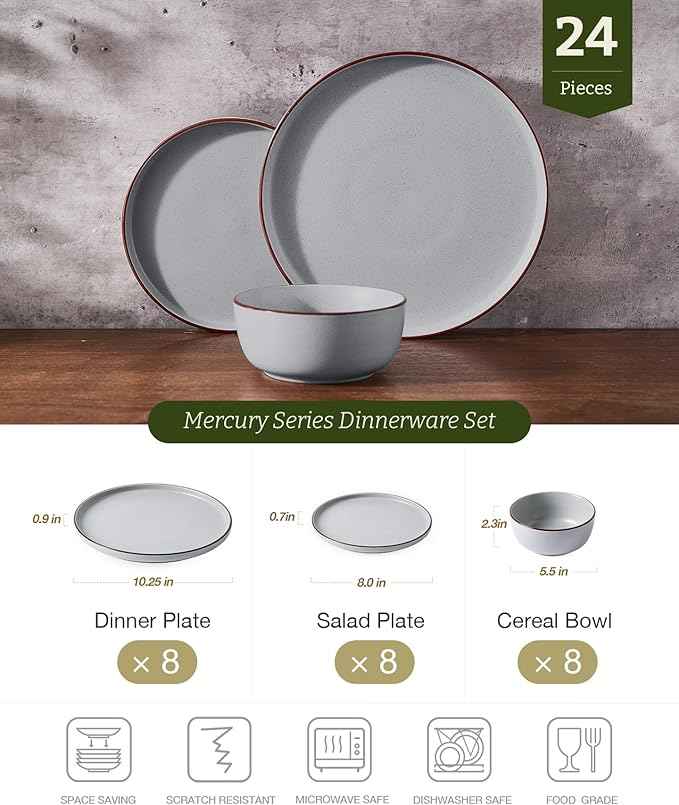 Famiware Mercury 24 Pieces Dinnerware Sets, Plates and Bowls Sets for 8, Microwave and Dishwasher Safe Dish Set, Light Grey