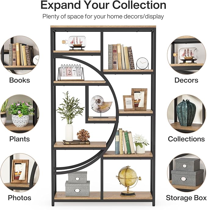 Tribesigns Bookshelf Industrial 5 Tier Etagere Bookcase, Freestanding Tall Bookshelves Display Shelf Storage Organizer with 9-Open Storage Shelf for Living Room, Bedroom (Light Oak)