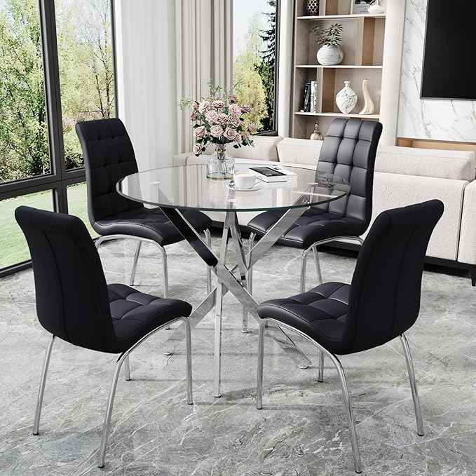 5 Piece Round Glass Dining Table Set, Round Tempered Glass Kitchen Table Set for 4, Modern Table Set with 4 High-Back Upholstered Chairs for Kitchen Dining Room (Silver Legs, 4 Black Chairs)