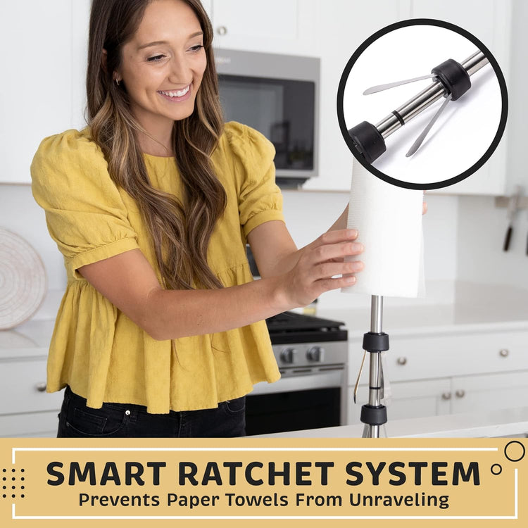 Stainless Steel Paper Towel Holder Designed for Easy One-Handed Operation - This Sturdy Weighted Paper Towel Dispenser Countertop Model Has Suction Cups and Holds All Paper Towel Rolls