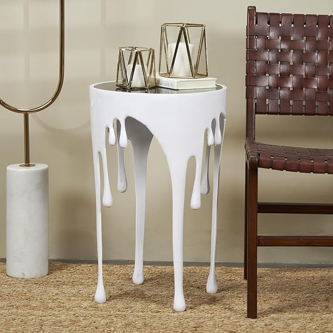 Deco 79 Aluminum Metal Side End Accent Table Drip End Table with Melting Designed Body and Black Shaded Tabletop, Side Table 16" x 16" x 25", White