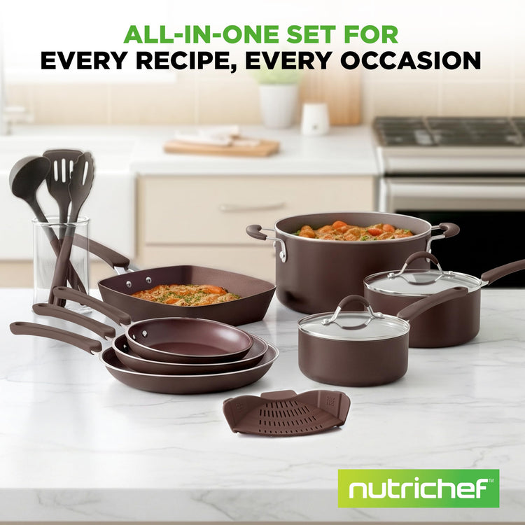 14 Piece Nonstick Brown Cookware Set