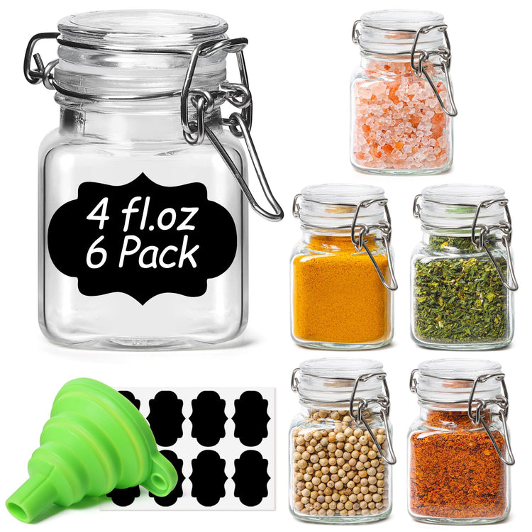 Square Small Glass Spice Jars with Airtight Lids 4 oz 6 Pack Pantry (6 Count)