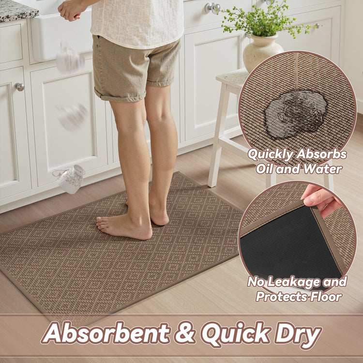 PADOOR Kitchen Floor Mat, Rubber Backed Kitchen Rugs Non Slip Washable, Super Absorbent Kitchen Mats for Floor Front of Sink, 17"x24" Brown