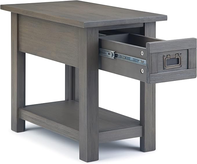 SIMPLIHOME Monroe Narrow Side Table – 14 inch Wide Solid Acacia Wood Narrow End Table in Farmhouse Grey, Rustic Contemporary Accent Table for Living Room with Drawer and Shelf