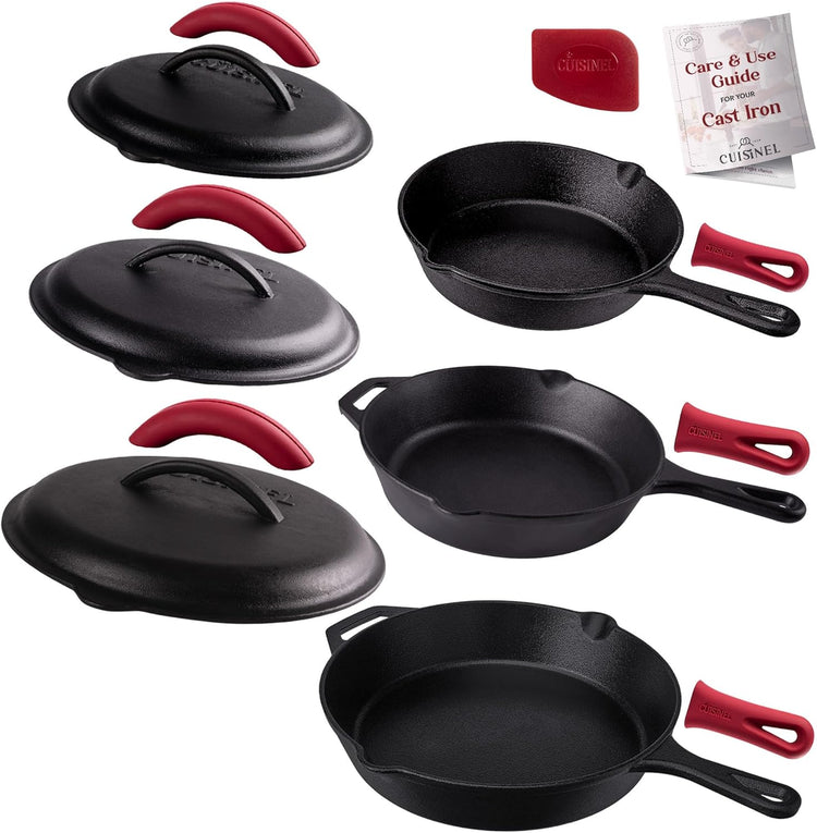 Cuisinel Cast Iron Skillets Set with Lids - 8"+10"+12"-inch Pre-Seasoned Covered Frying Pan Set + Silicone Handle and Lid Holders + Scraper/Cleaner - Use Cookware Indoor/Outdoor, Oven, Stovetop, Fire - Nestoria
