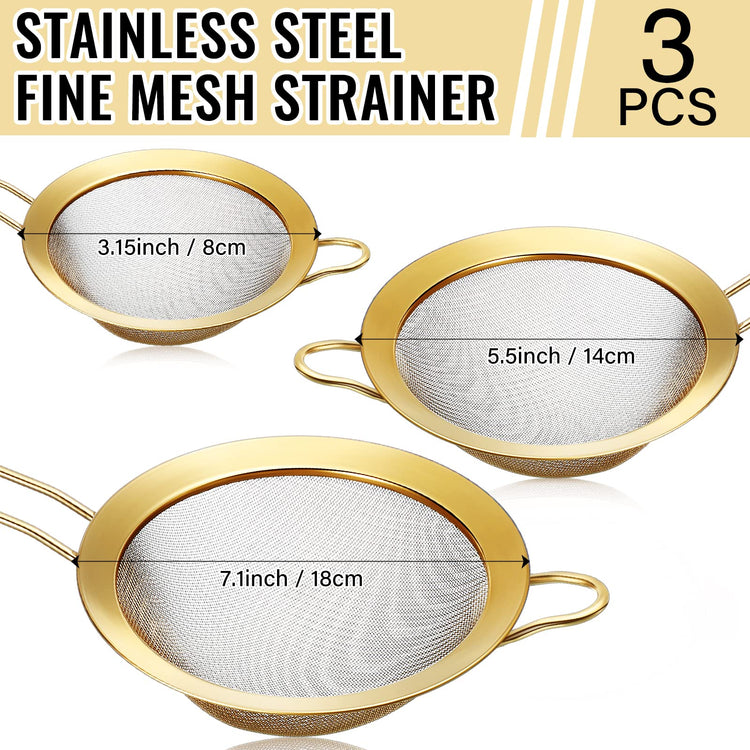 5 Quart Gold Colander and 3 Metal Fine Mesh Strainer Set