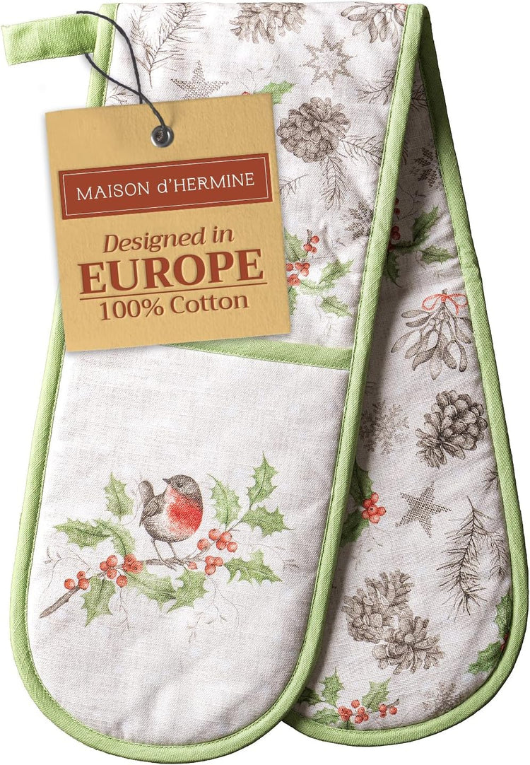 Maison d' Hermine Double Oven Mitts 100% Cotton 7"x35" Double Oven Mitt Heat Resistant BBQ Cooking Gloves with Loop, Baking, Grilling, Home, Kitchen, Handling Hot Pans (Christmas Dew)