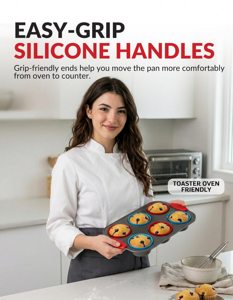 Non Stick Steel 6 Cup Muffin Pan with Silicone Handles and Reusable Liners