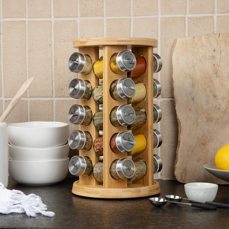 20 Jar Rotating Bamboo Spice Rack with Spices Included & 5