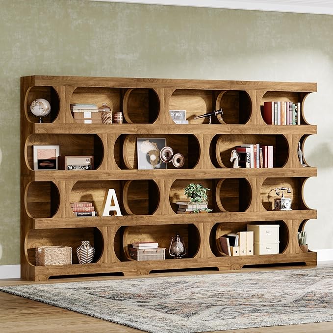 Tribesigns 71" Tall Bookcase Set of 2, 4-Tier S-Shaped Bookshelf, Wood Decorative Storage Shelving, Modern Freestanding Display Shelves, Large Library Bookshelf Unit for Home Office Living Room, Brown