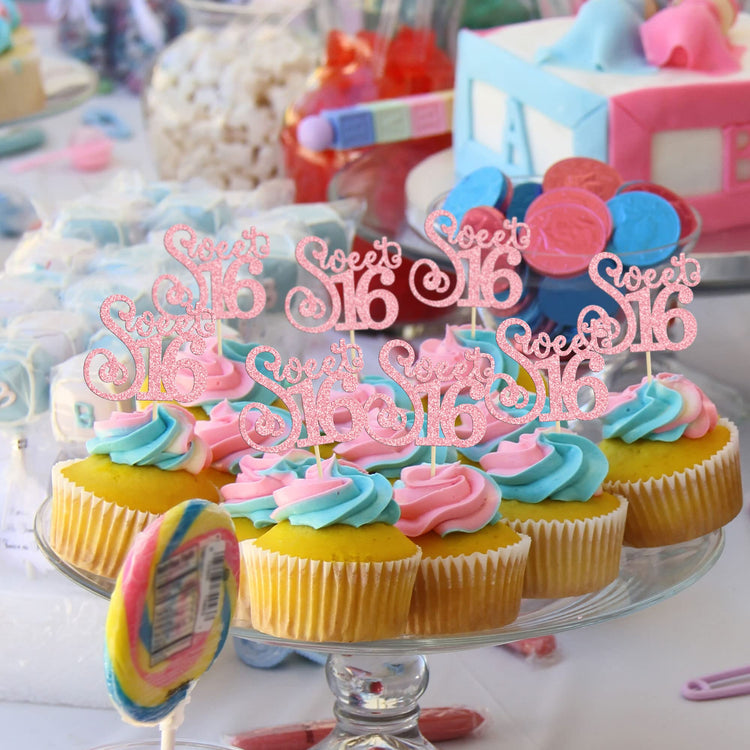 24 Pack Happy Sweet 16 Cupcake Toppers Glitter Sixteen 16th Birthday Cupcake Picks Cheers to 16 Years Old Cupcake Decorations for 16th Birthday Anniversary Party Cake Decorations Supplies Pink (24 Count)