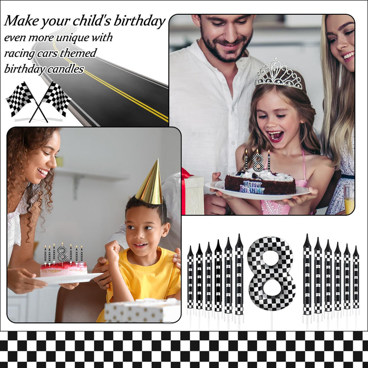 13 Pcs Racing Cars Themed Birthday Candles Black and White Race Number 8 Checkered Candle Cake Topper for Racing Car Party Decoration Supplies (13 Count)
