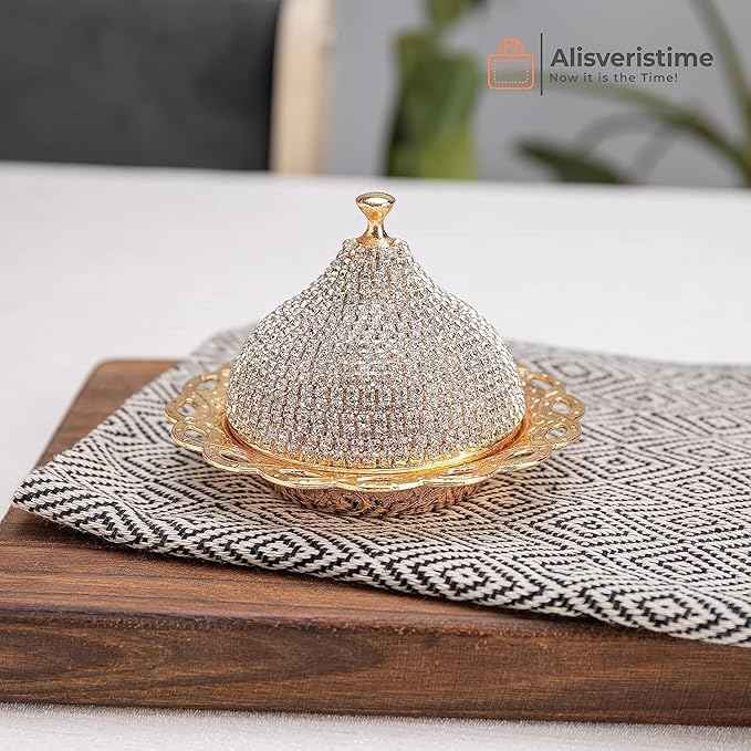 Alisveristime Crystal Embellished Turkish Coffee Set – 27 Pieces – Decorative Zamac Espresso Cups, Saucers and Sugar Bowl with Tray – Available in Three Color Variations (Gold)