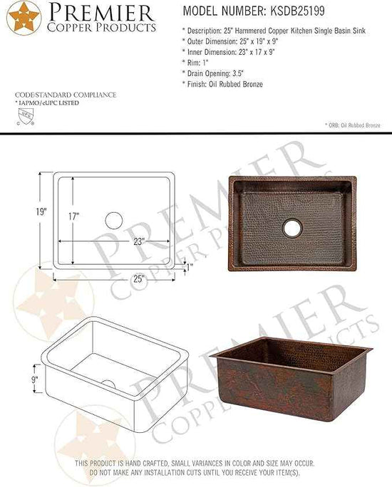 Premier Copper Products KSDB25199 25-Inch Hammered Copper Kitchen Single Basin Sink, Oil Rubbed Bronze