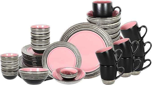 48 Piece Dinnerware Set, Ceramic Plates and Bowls Sets for 8, Microwave and Dishwasher Safe, Handcrafted Tree Bark Series Dish Set, Rose/Pink