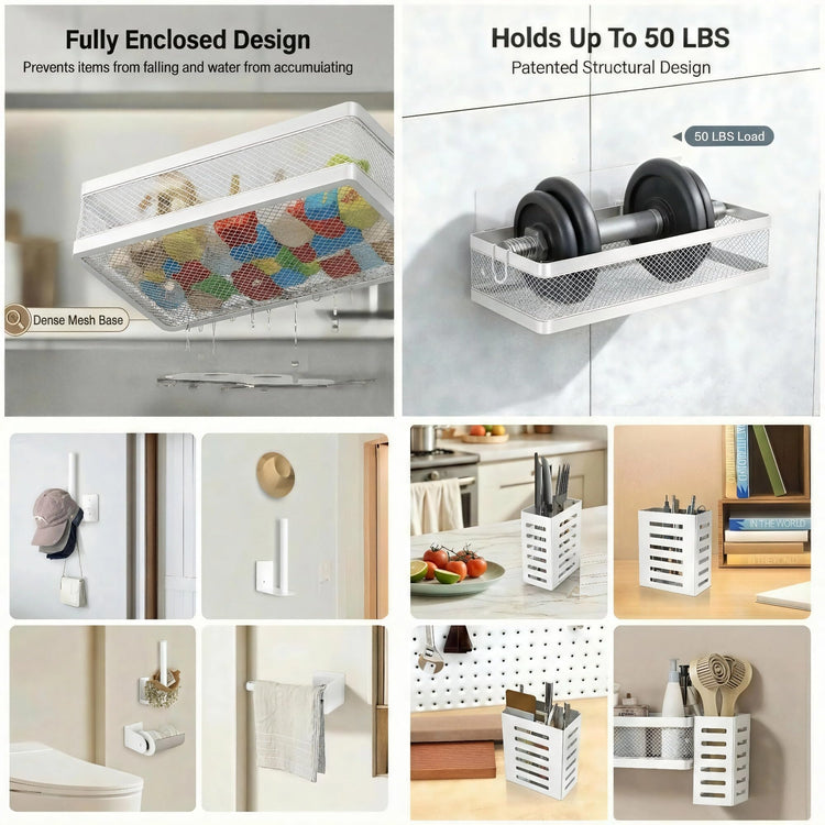 5-in-1 Wide Wall Mount Wrapped Mesh Kitchen Organizer & Shower Caddy Kit, with Paper Towel Holder, Utensil Holder, Soap Dish, Heavy Duty 50LBS - White, Netting