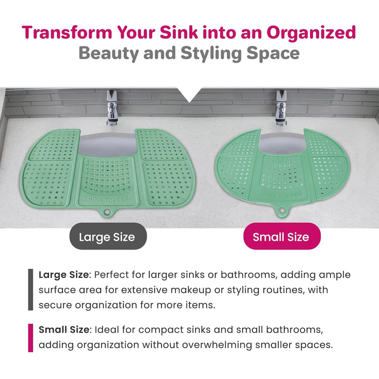Sink Topper Bathroom Counter Cover & Storage Saver, Foldable Silicone Mat for Hot Tools, Hair Styling & Makeup, Beauty Brush Cleaning Mat, RV Camper Sink Cover & for Small Spaces (Standard Green)