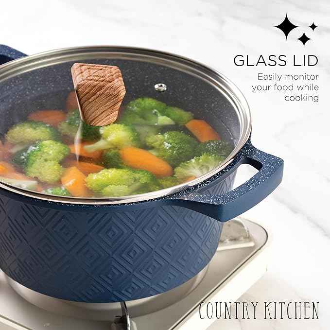 Country Kitchen Non-Stick Cast Aluminum Cookware Set - Durable Kitchen Cookware for Everyday Cooking, Navy, 11 Pc.