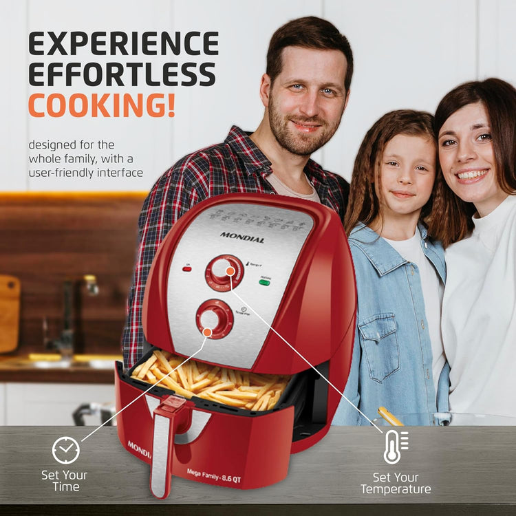 Air Fryer - 8.6 Quart Extra-Large Air Fryer, 2 Simple Dial Controls, 1800 Watts - Quick Heat Circulation Technology, Low Fat Cooking Less Calories - Removable Squared Basket - Red