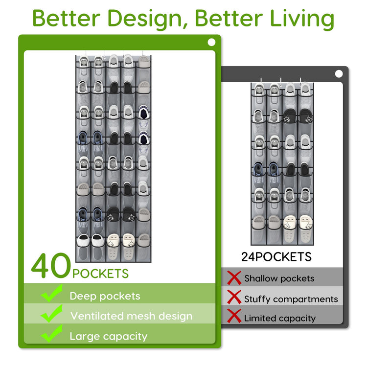 Over the Door Shoe Organizer with 40 Large Breathable Mesh Pockets
