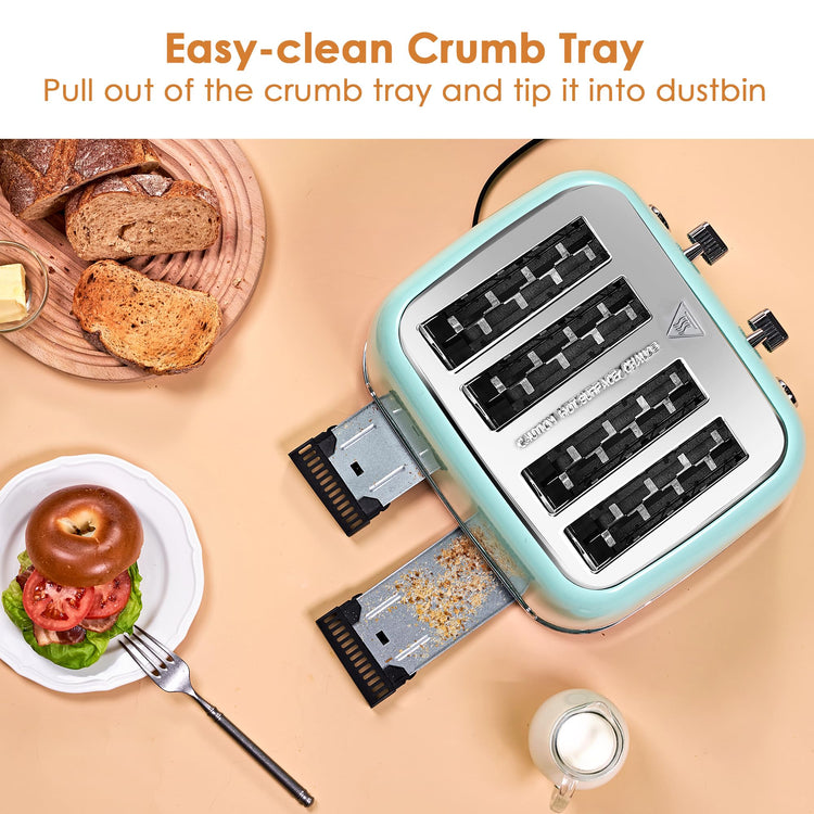 Toaster 4 Slice Retro Stainless Steel with Extra Wide Slots Bagel