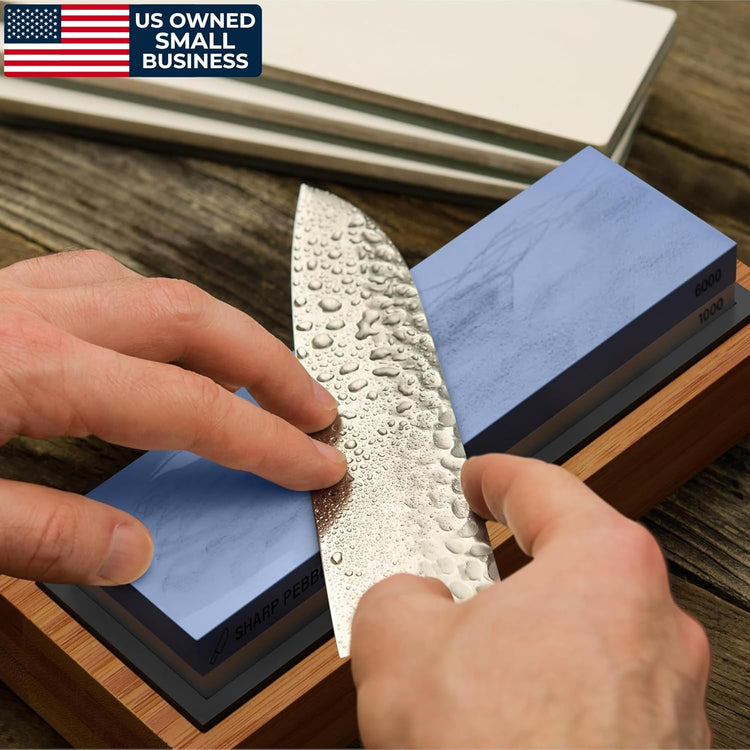 Sharp Pebble Premium Whetstone Knife Sharpening Stone 2 Side Grit 1000/6000 Waterstone- Whetstone Knife Sharpener- NonSlip Bamboo Base & Angle Guide