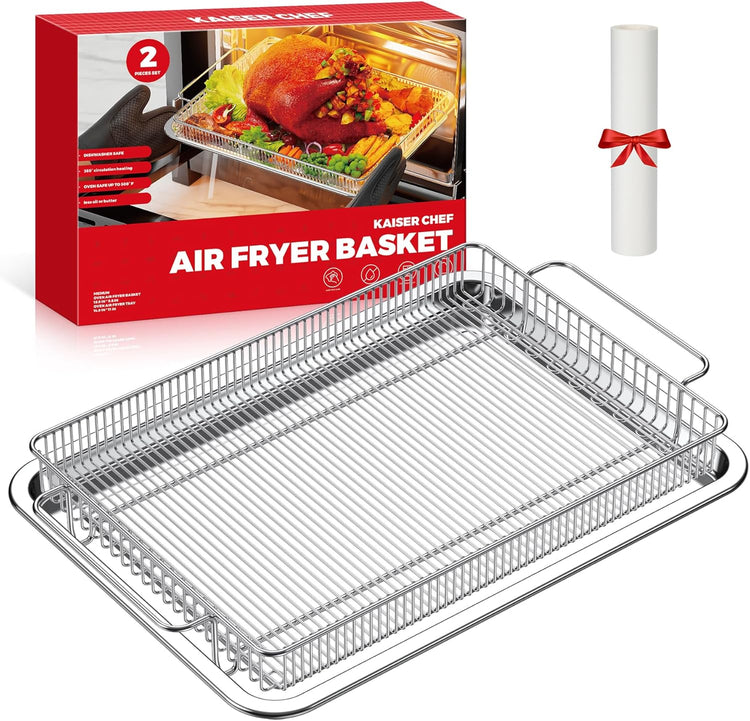 Air Fryer Basket for Oven,Air Fryer Basket and Stainless Steel Baking Tray Pant Oven with 50 Sheets Parchment Papers,Air Fryer Pan Rack for Cooking Baking Dishwasher and Broiling (1 Set M)