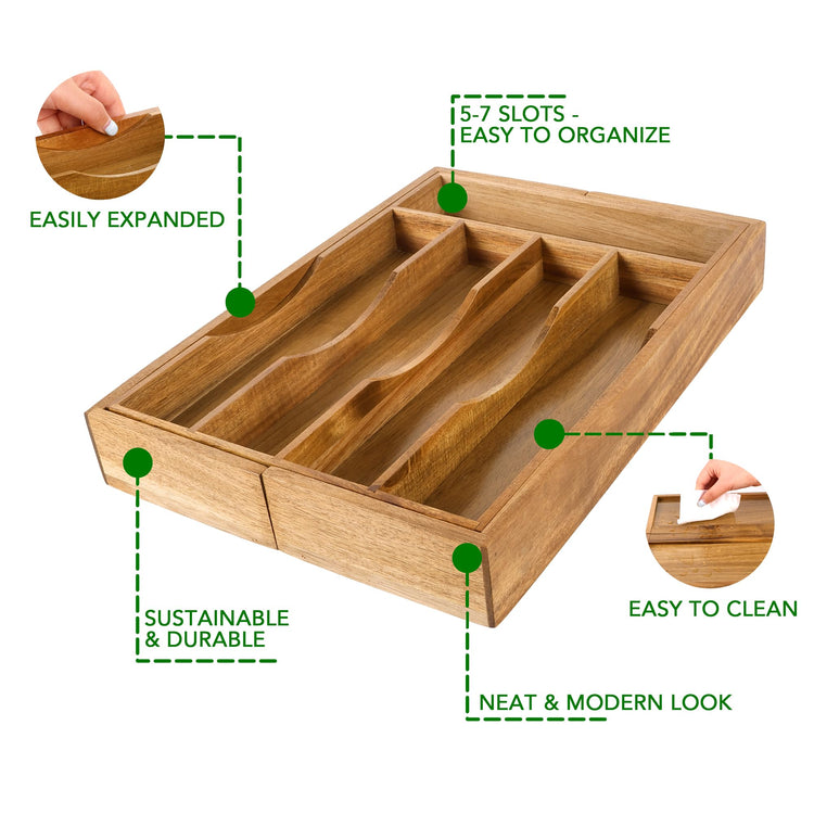 Expandable Acacia Kitchen Drawer Organizer for Cutlery and Utensils