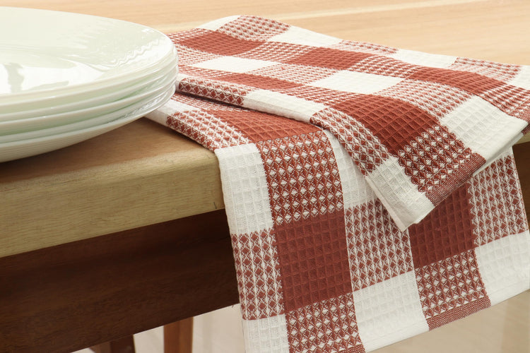Rust 100% Cotton Waffle Weave Check Plaid Kitchen Towels