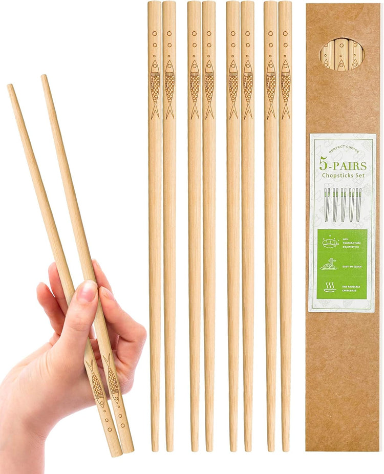 5 pairs of bamboo chopsticks can be reused, classic healthy high-quality natural bamboo chopsticks, can be washed in the dishwasher, 9.8 inches / 25 cm, (pattern: more than every year)