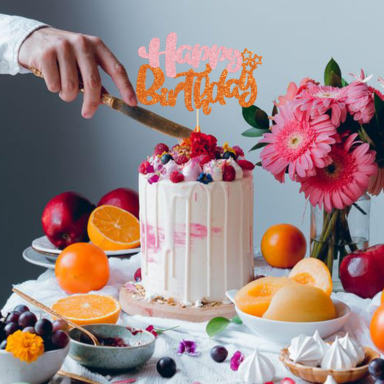 1Pcs Happy Birthday Cake Topper Glitter Cake Pick for Celebrating Anniversary Party Cake Decorations Supplies Pink Orange