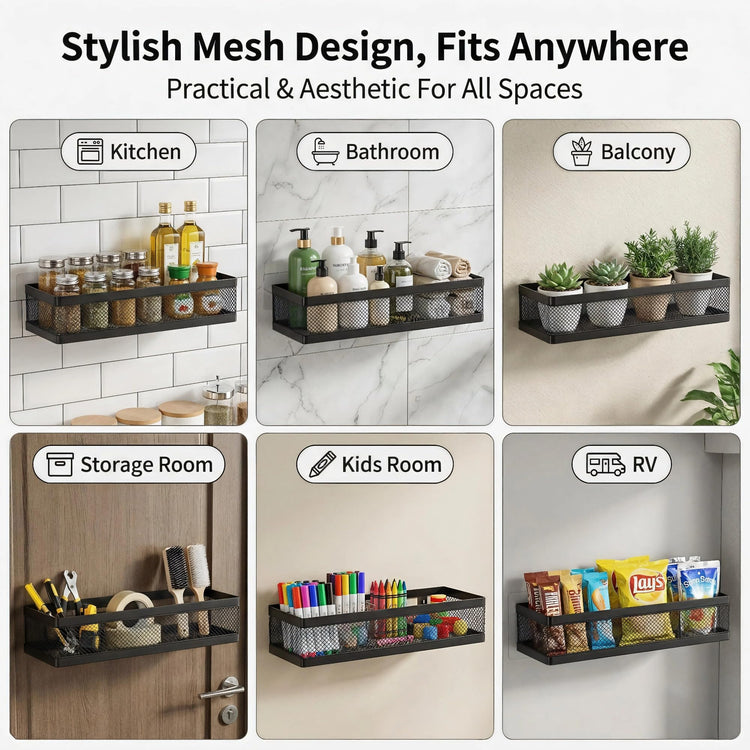 5-in-1 16.5" Extra Long Slim Wall Mount Wrapped Mesh Kitchen Organizer & Shower Caddy Kit, with Paper Towel Holder, Utensil Holder, Soap Dish, Holds 50LBS - Matte Black, Netting