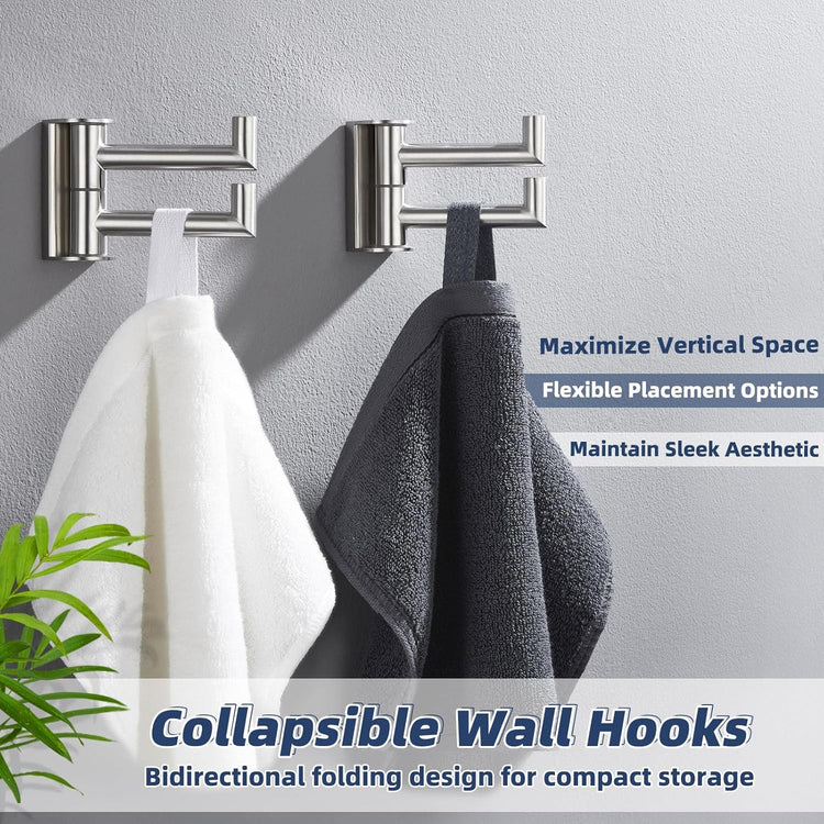 APLusee 2 Pack Swivel Coat Hooks Brushed Nickel, 304 Stainless Steel Foldable Bathroom Towel Hooks with 2 Rotating Arms, Wall Mounted