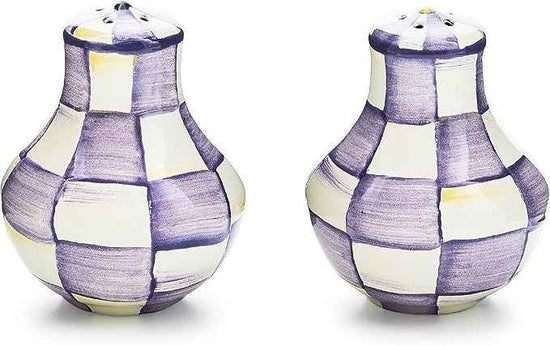 MACKENZIE-CHILDS Enamel Salt and Pepper Shakers, Kitchen Table Accessories, Purple-and-White Violet Check