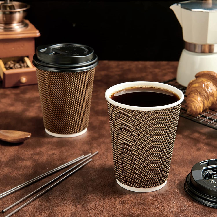 LITOPAK 80 Pack 12 oz Paper Coffee Cups, Insulated Ripple Wall Hot Coffee Cups with Lid and Straws, Brown Three Layer Insulated Hot Beverage Cups for Parties, Picnic, and Travel