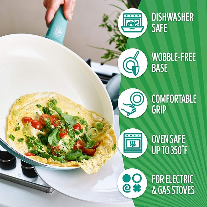 GreenLife Soft Grip Healthy Ceramic Nonstick 12 Piece Cookware Pots and Pans Set, PFAS-Free, Dishwasher Safe, Turquoise