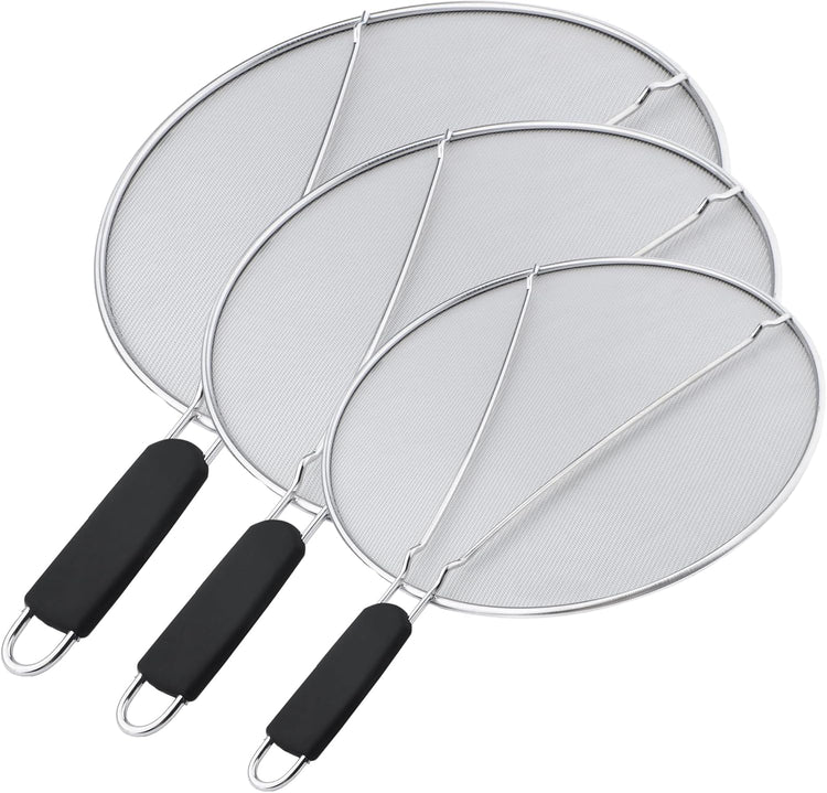 13'', 11.5'', 9.8'' Stainless Steel Grease Splatter Guard for Frying Pan with Comfortable Grip Handle, Ultra Fine Mesh Prevents Oil Splatters and Messes, Heavy Duty Splatter Screen