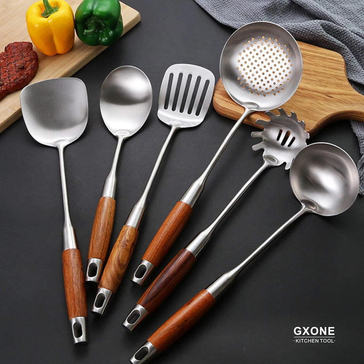 Spaghetti Spoon,304 Stainless Steel Pasta Spoon with Heat Resistant Wooden Handle,Silver/14.2Inch
