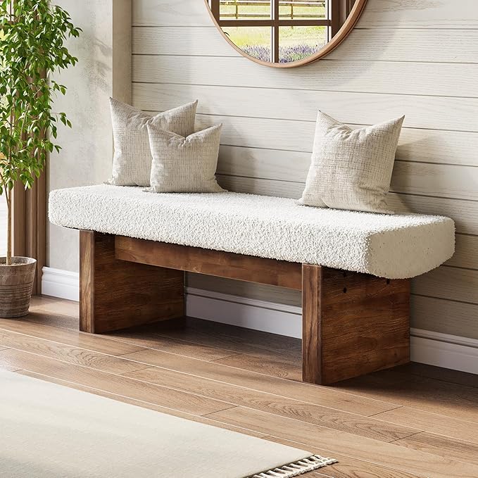 LITTLE TREE 55" Solid Wood Entryway Bench, Upholstered Bedroom Bench with Faux Lamb Wool, Dining Bench for Kitchen, Living Room, End of Bed, or Foyer (Warm White & Walnut)