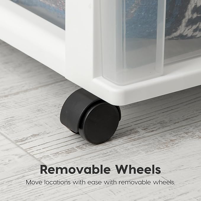 IRIS USA Plastic Drawer Storage Organizer Rolling Cart, with Wheels Casters, 4-Drawers, for Art Craft Supplies Bathroom Dorm Bedroom Laundry Room, Wide, White/Clear