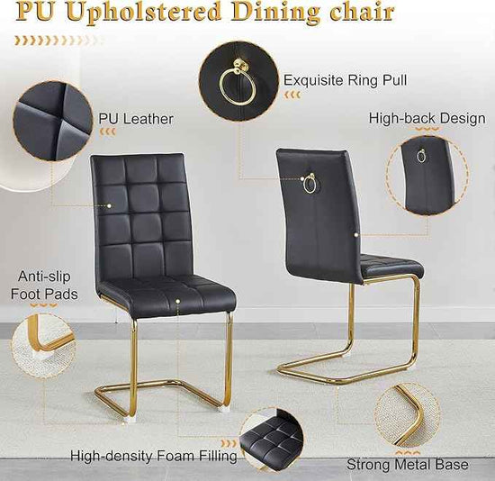 AF ARTISAN FURNITURE 5 Piece Round Glass Dining Table Set, Gold Glass Kitchen Table Set for 4 Modern Table Set with 4 Black PU Upholstered Dining Chairs, for Small Space, Breakfast Nook