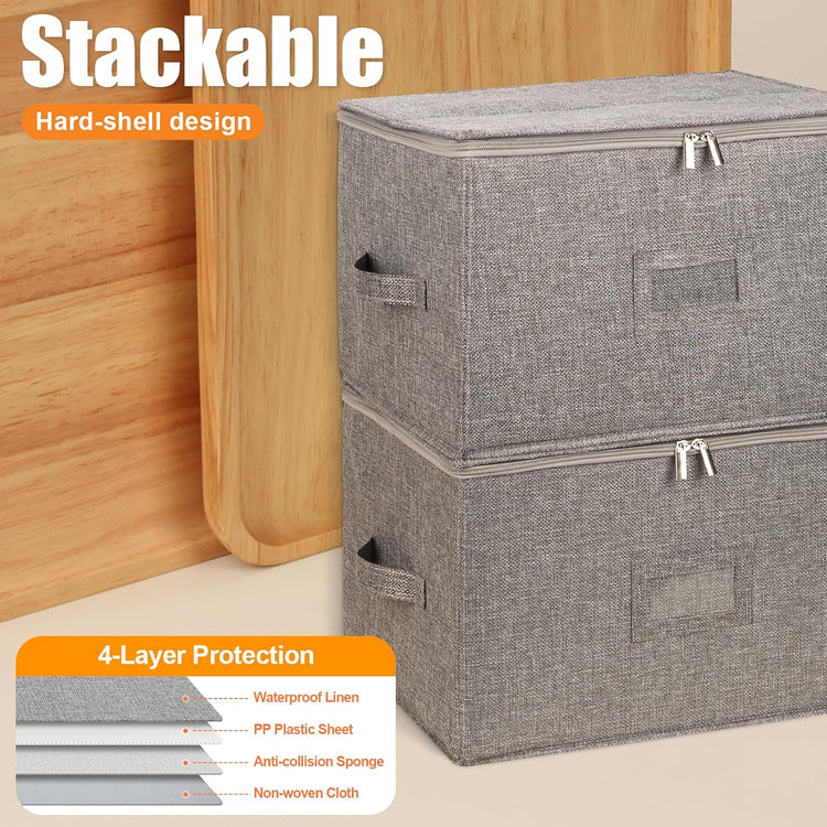 Wine Glass Storage Box 2-Pack, Stemware Container Cases, Stackable w/Hard Shell Top Sides Bottom, Moving Supplies, China Storage Containers for 24 Crystal Glasses Drinkware 10'' Tall, Grey