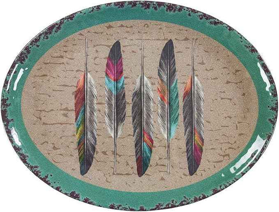 Paseo Road Tossed Feather 14 Piece Melamine Plastic Western Dinnerware Set, Orange Tan Brown Teal Aztec Tribal Print, Southwestern Rustic Dish Set with Plates, Bowls, Serving Dish