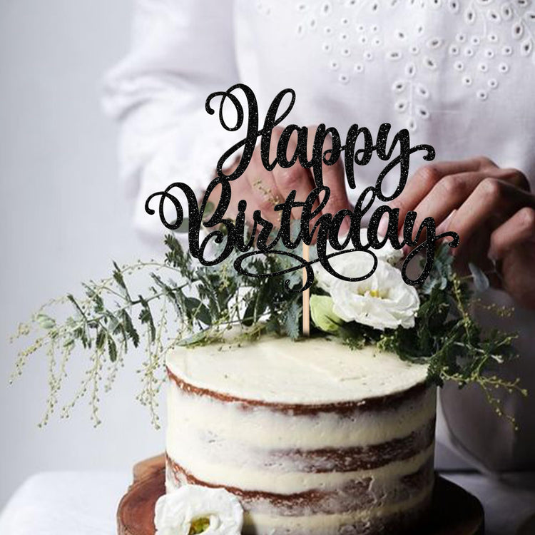 1 PCS Happy Birthday Cake Topper Glitter Happy Birthday Cake Pick Bunting Decor for Anniversary Celebrating Happy Birthday Party Cake Decorations Supplies Black